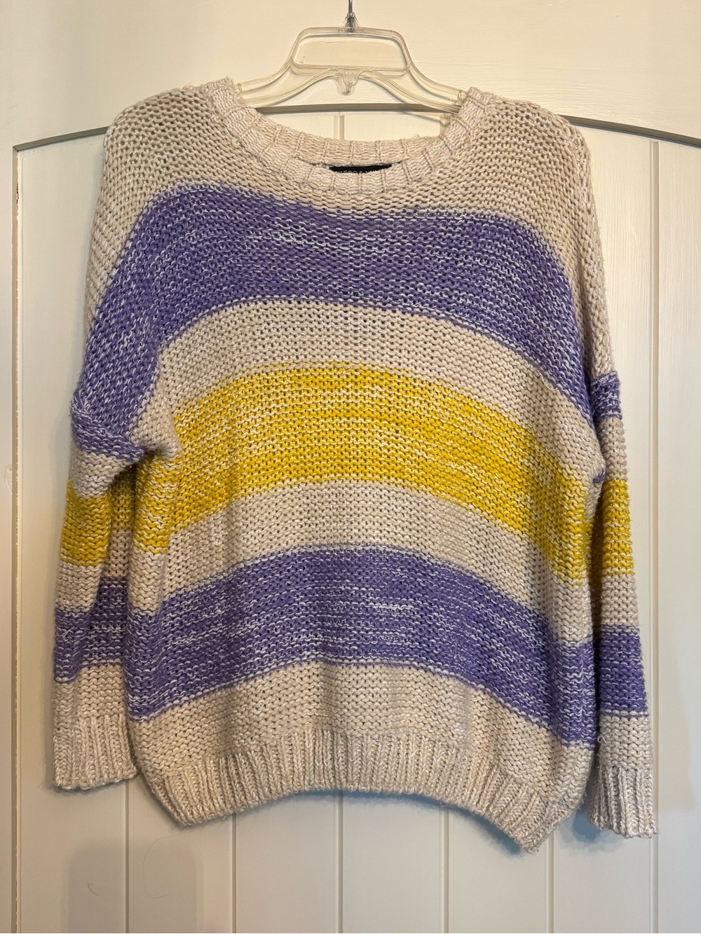 Striped Crewneck Sweater in Cream, Purple & Yellow